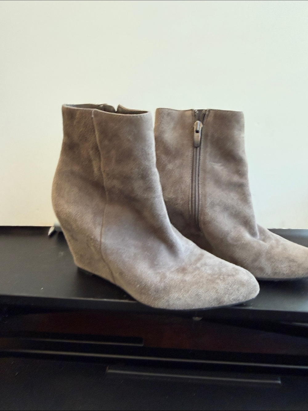 Via Spiga Taupe Suede Wedge Ankle Booties with Side Zip